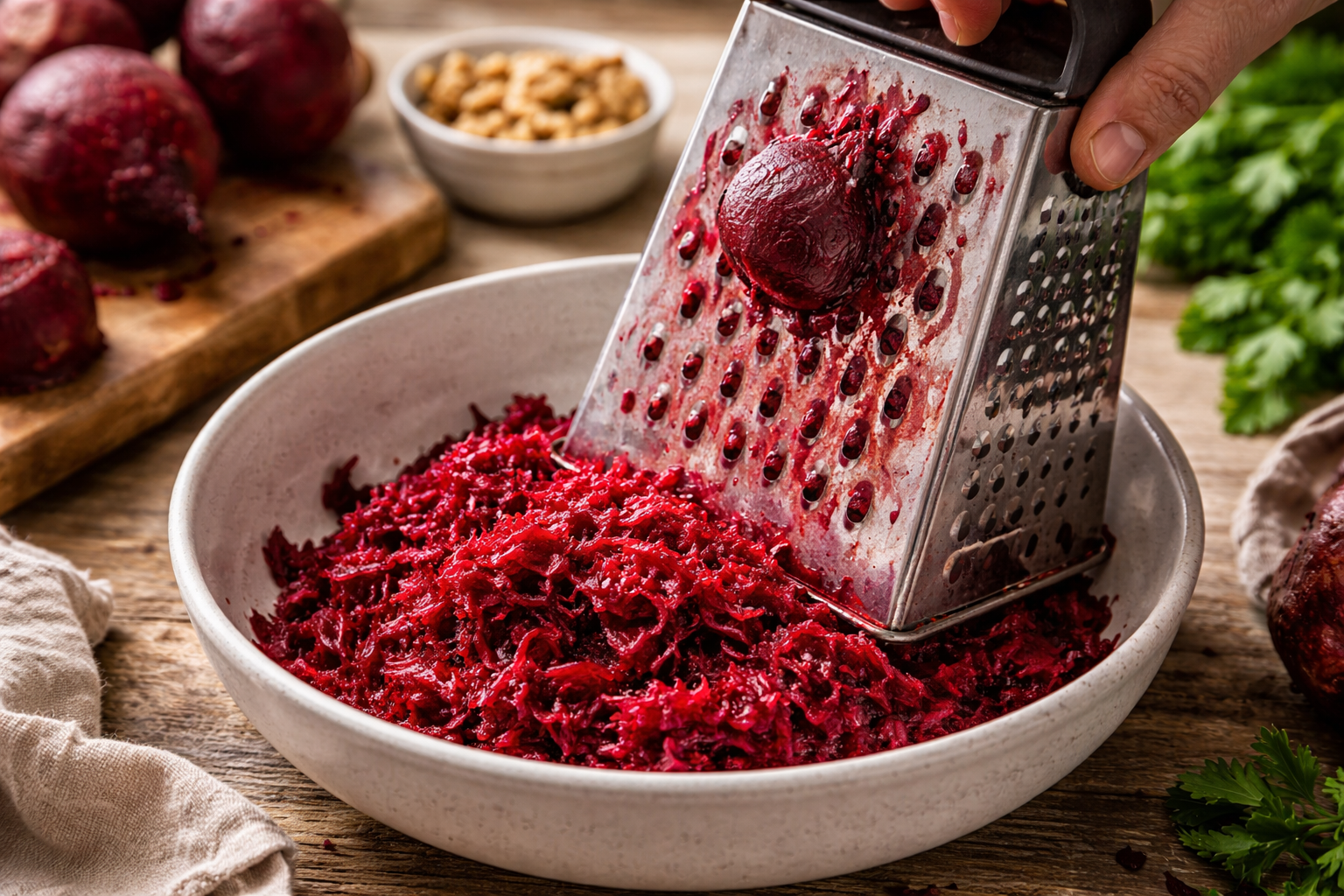 Boiled beets being peeled and grated for Georgian beet salad