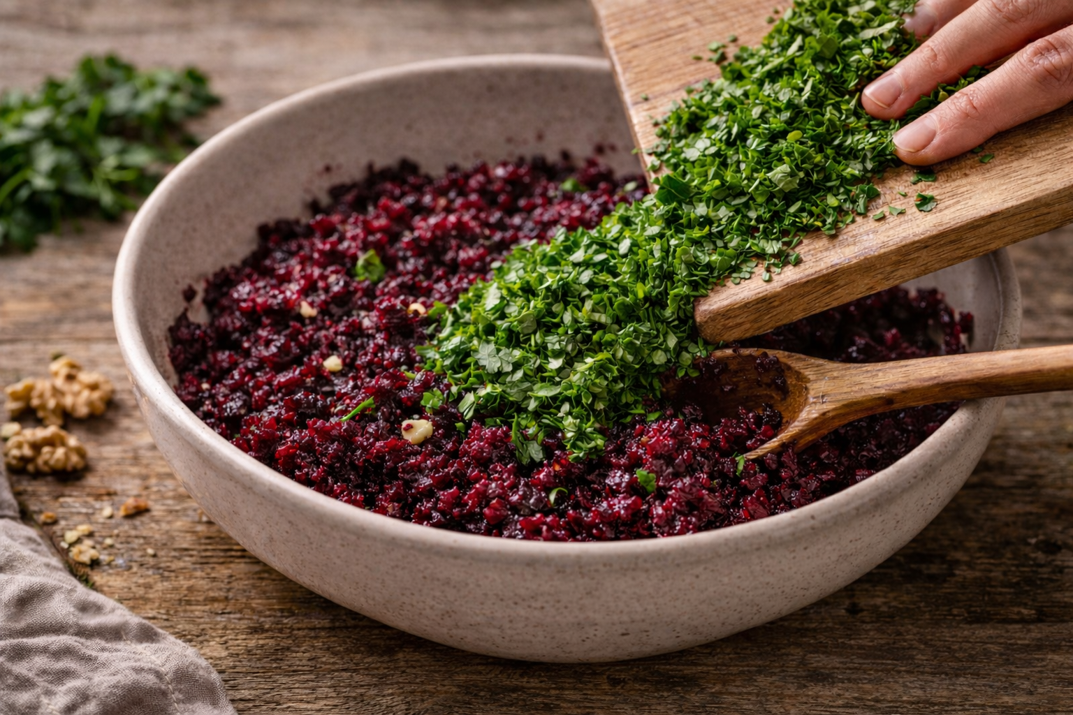Fresh herbs being finely chopped and added to beet salad