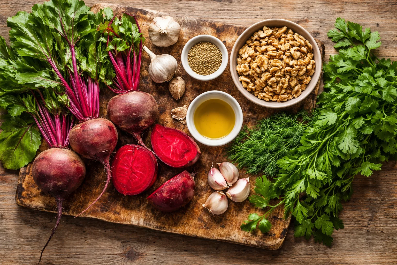 Ingredients for Georgian beet salad including beets, walnuts, garlic and fresh herbs