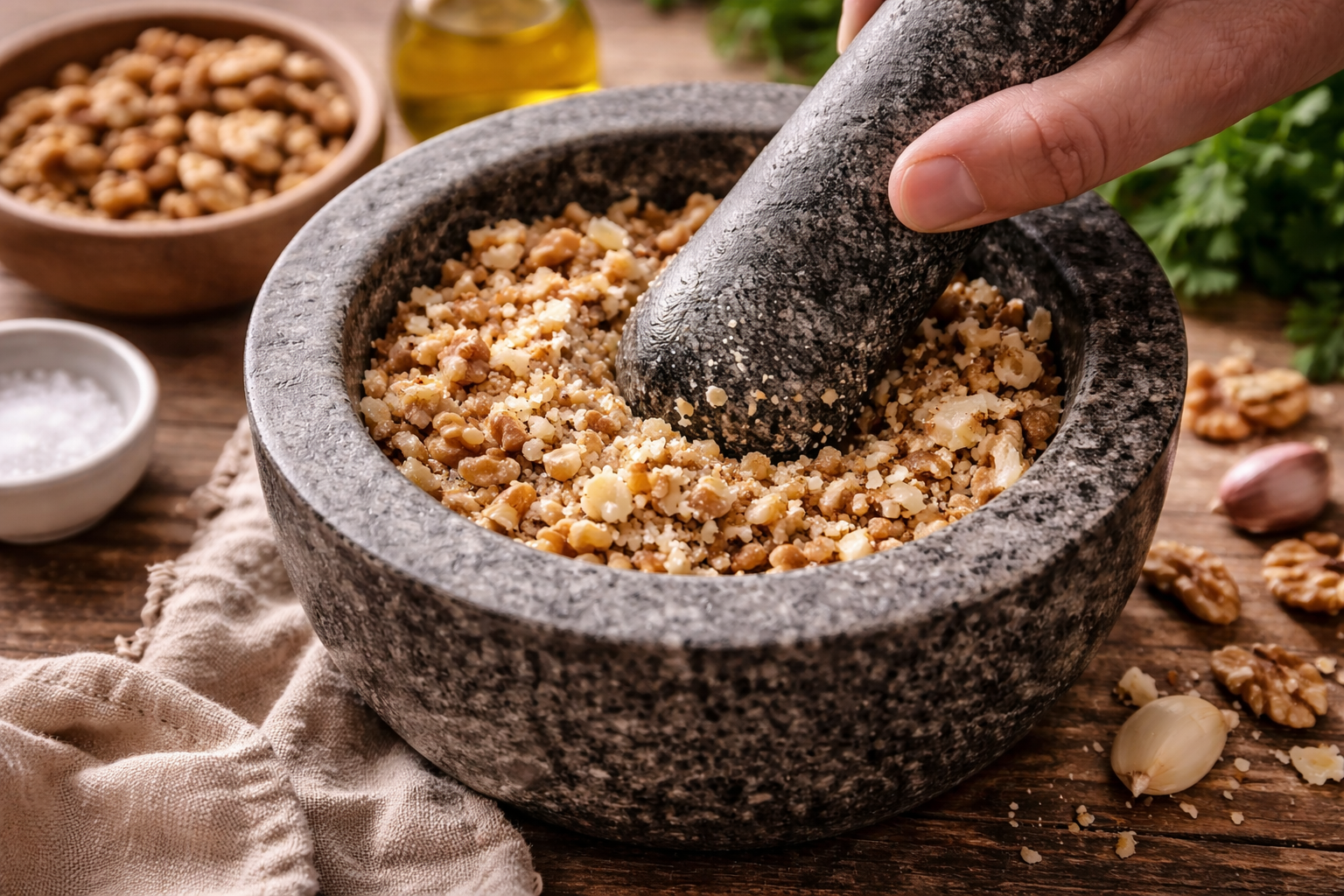 Walnuts and garlic being crushed into a coarse paste