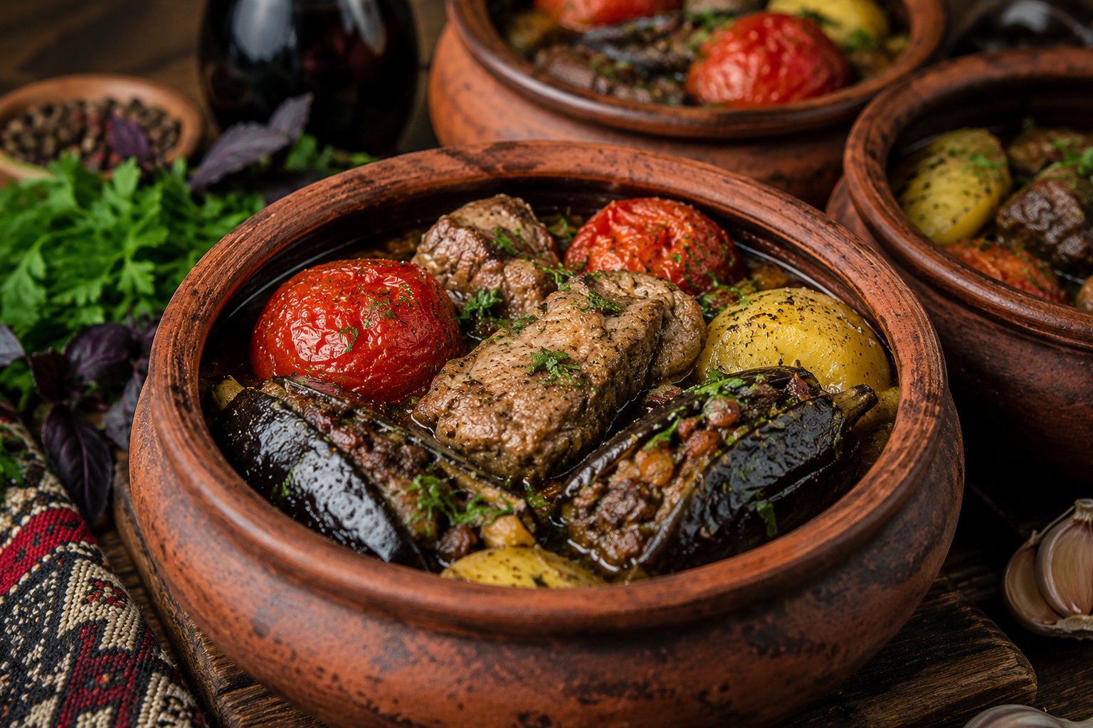 Authentic Georgian chanakhi served hot in individual clay bowls