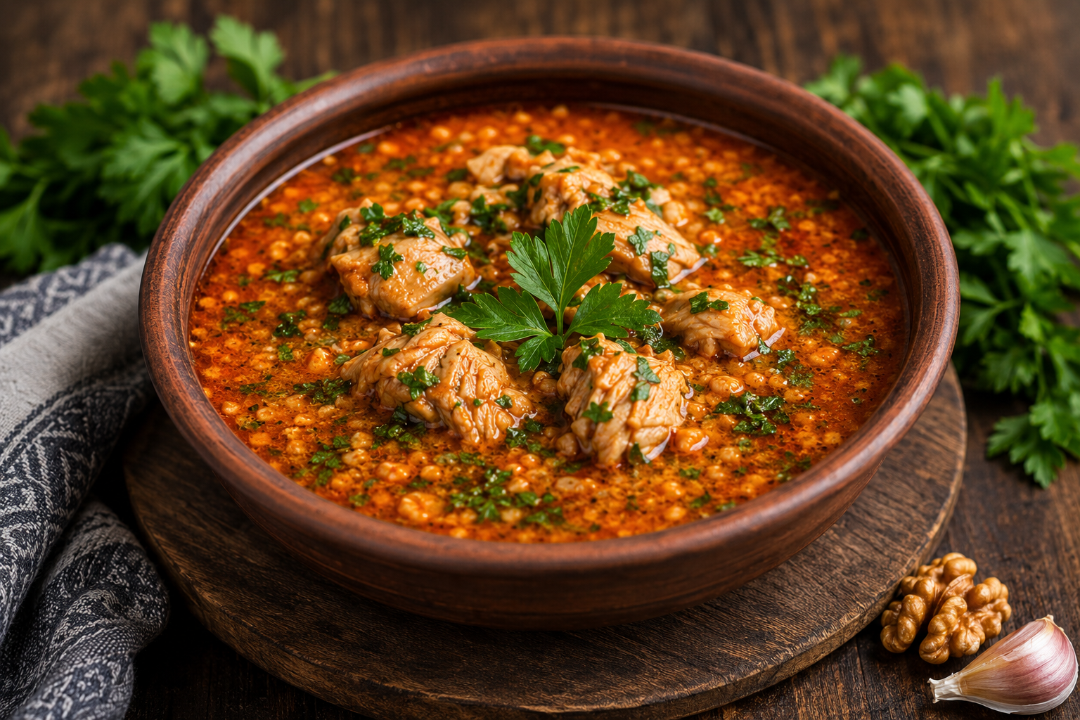 Authentic Georgian chicken kharcho served hot in a rustic bowl