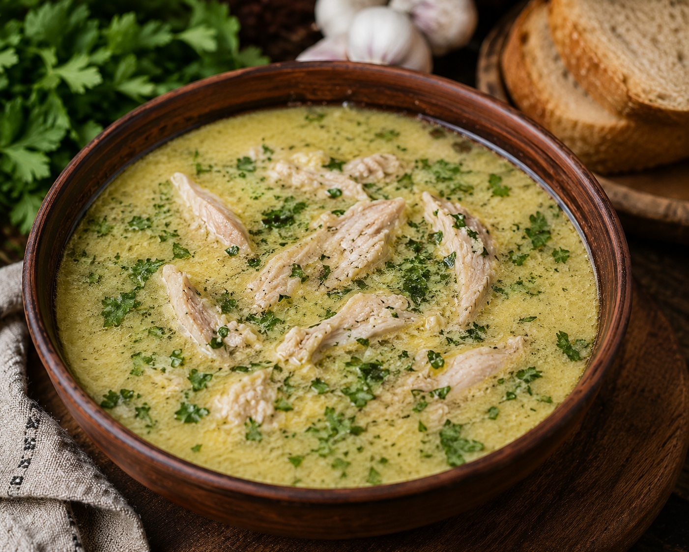 Authentic Georgian chikhirtma served hot with tender chicken pieces