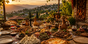 Traditional Georgian supra table filled with authentic food, wine, candles, and warm hospitality outdoors at sunset