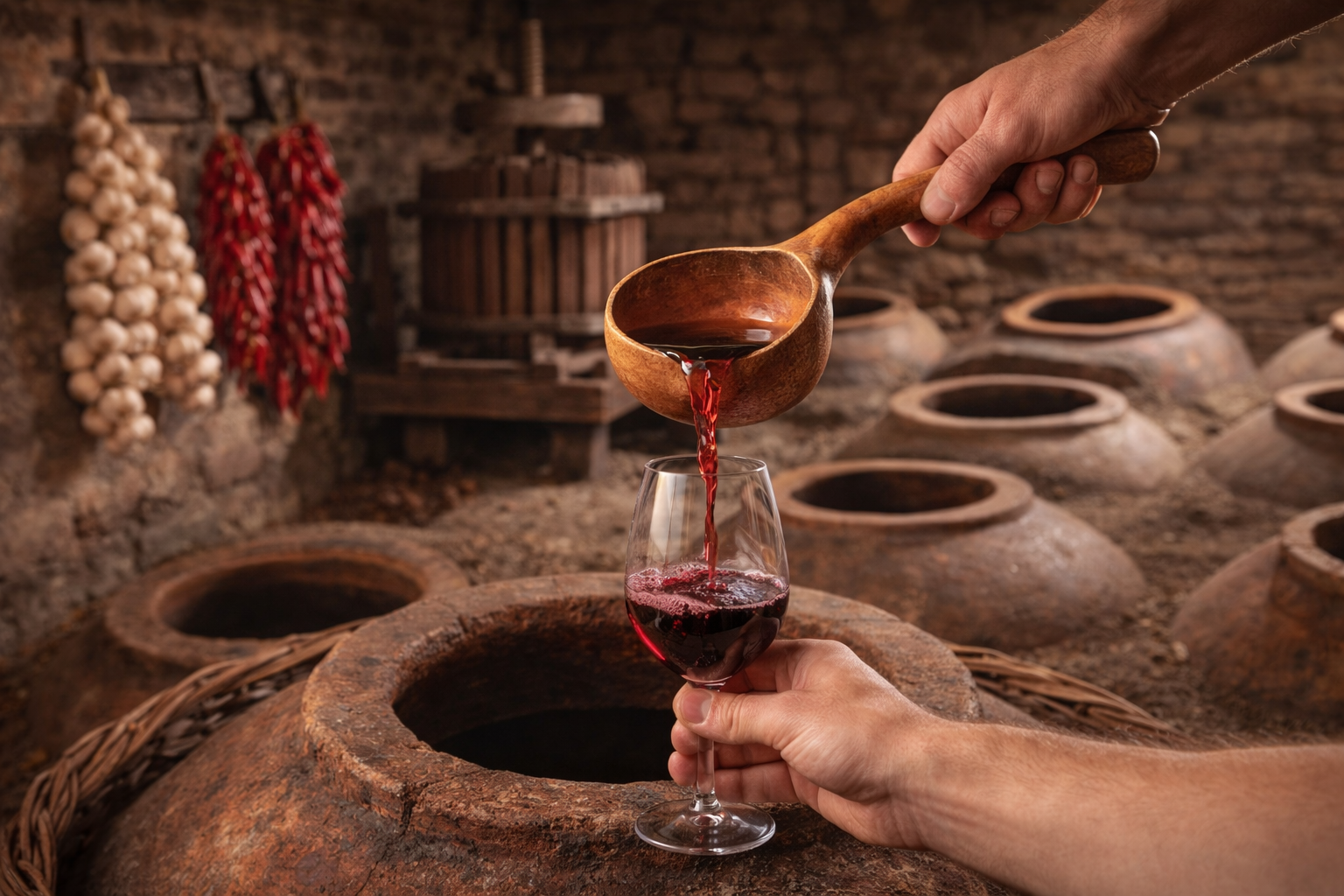 Authentic Georgian marani interior with qvevri, satsnakheli wine press, and traditional winemaking tools