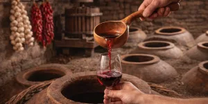 Authentic Georgian marani interior with qvevri, satsnakheli wine press, and traditional winemaking tools