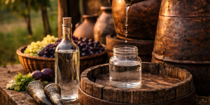 Authentic Georgian chacha with traditional copper still and homemade village distillation atmosphere