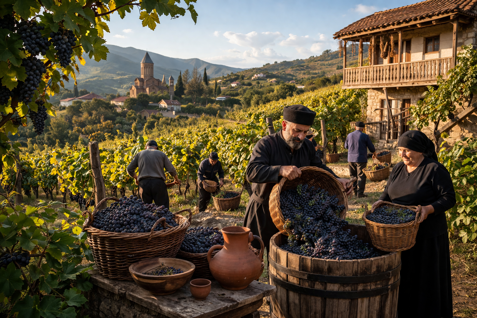 Traditional Georgian Rtveli grape harvest celebration with vineyard workers, wine baskets, and autumn countryside
