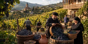 Traditional Georgian Rtveli grape harvest celebration with vineyard workers, wine baskets, and autumn countryside