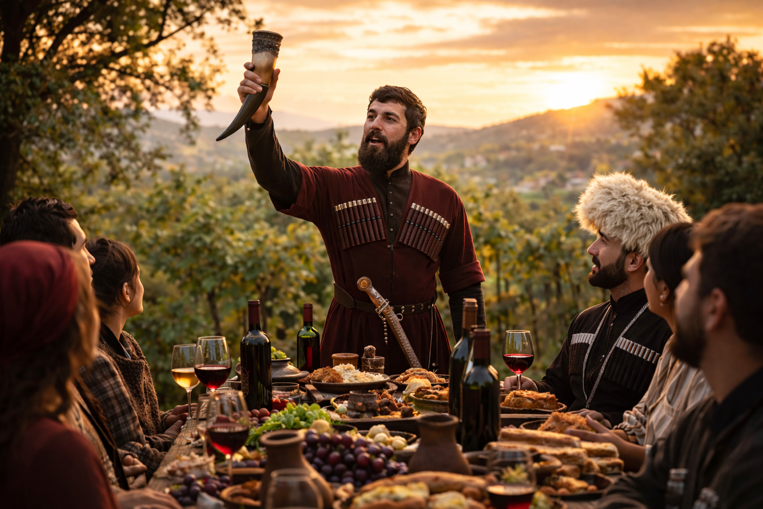 Georgian tamada raising a wine glass during a traditional supra feast with guests listening attentively