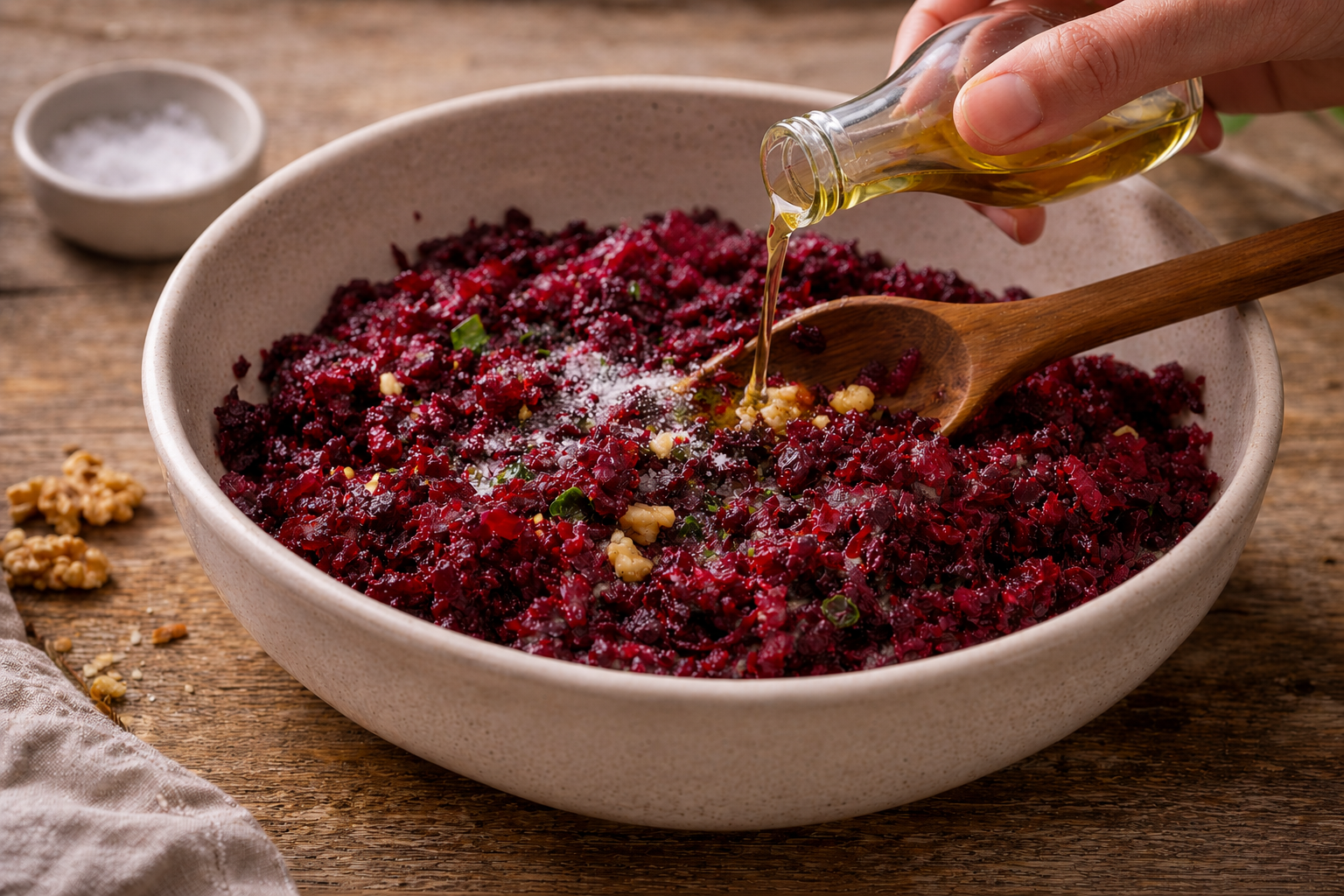 Adding vinegar and salt to beet salad and mixing thoroughly