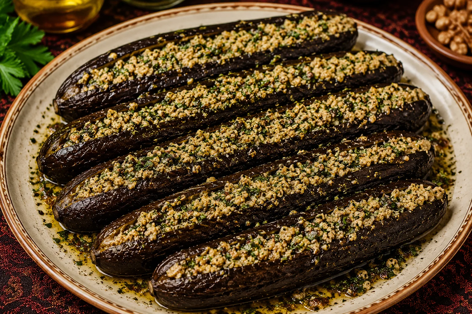 Whole eggplants filled with seasoned walnuts and served on a Georgian table