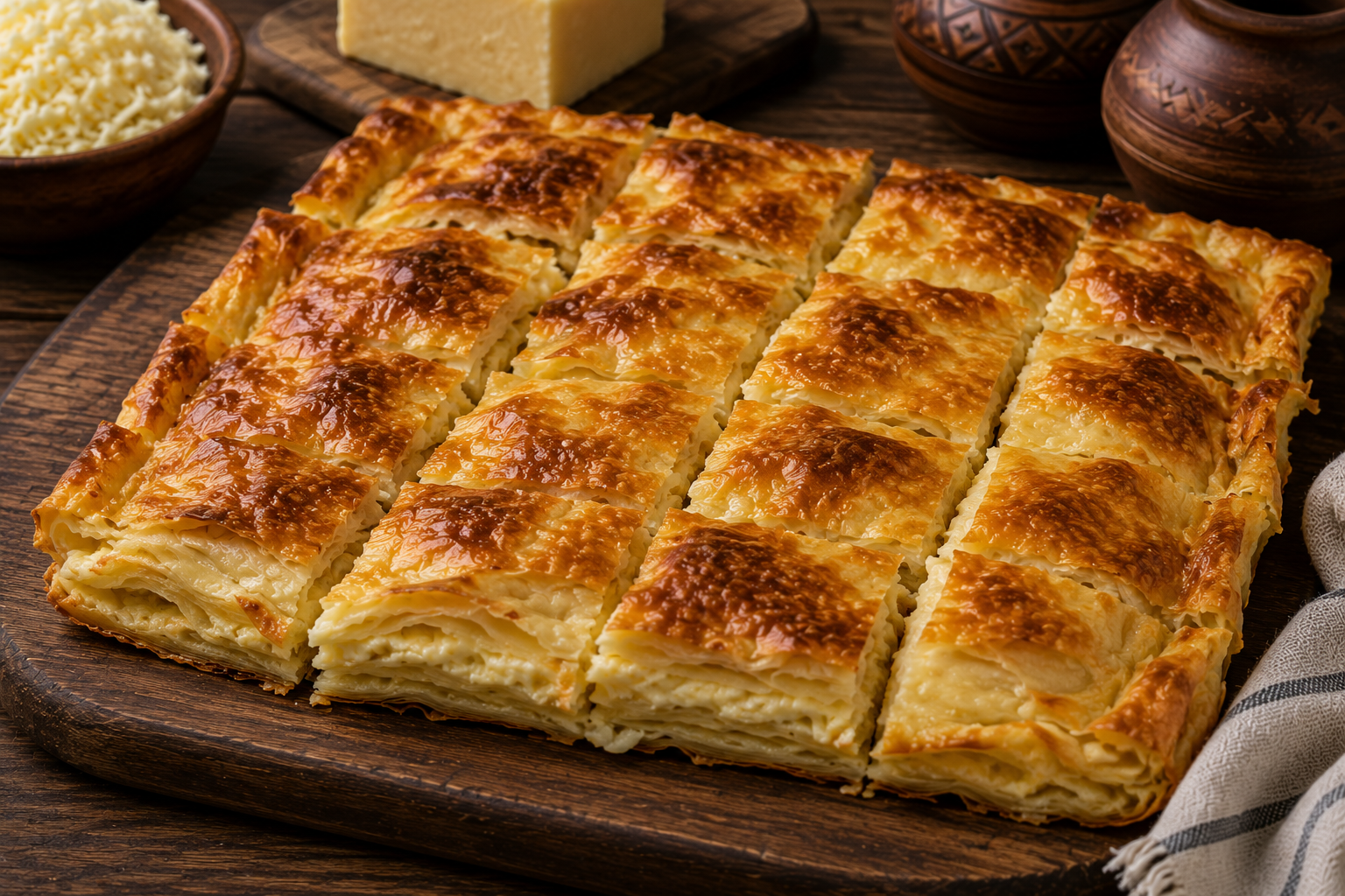 Authentic homemade Georgian Achma served warm with flaky buttery layers.